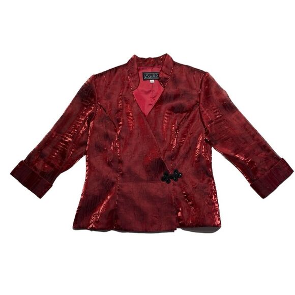 Alex Evenings Iridescent Wrap Jacket Top Beaded Frog Closure Red Holidays Sz L - Picture 3 of 15